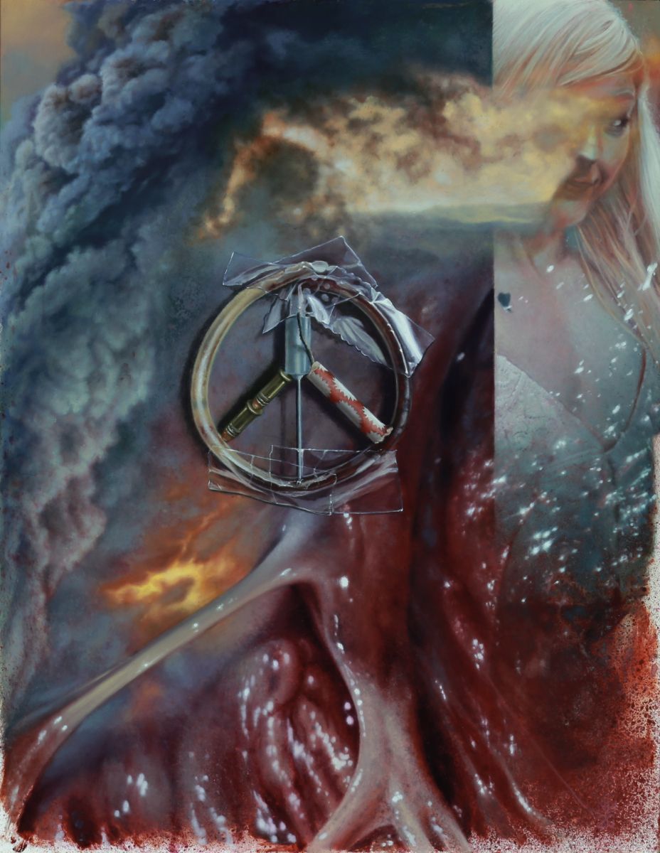 oil painting of chaotic chopped up images with a blonde woman human figure, plume of smoke and anatomy surgery and a peace symbol made from tubes, bullets, needle, firecracker and tape.