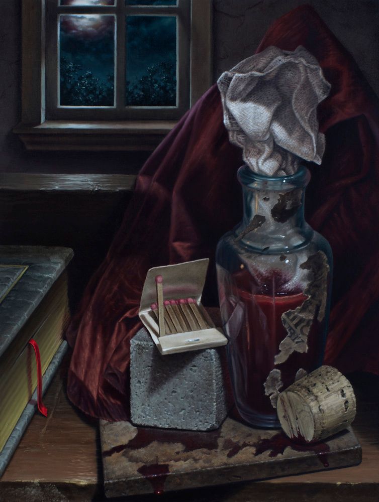 Dark oil painting of a cloth-stoppered molotov cocktail bottle containing red blood, beside matches, a cork, stacked books, burgundy drapery, and a moonlit window.