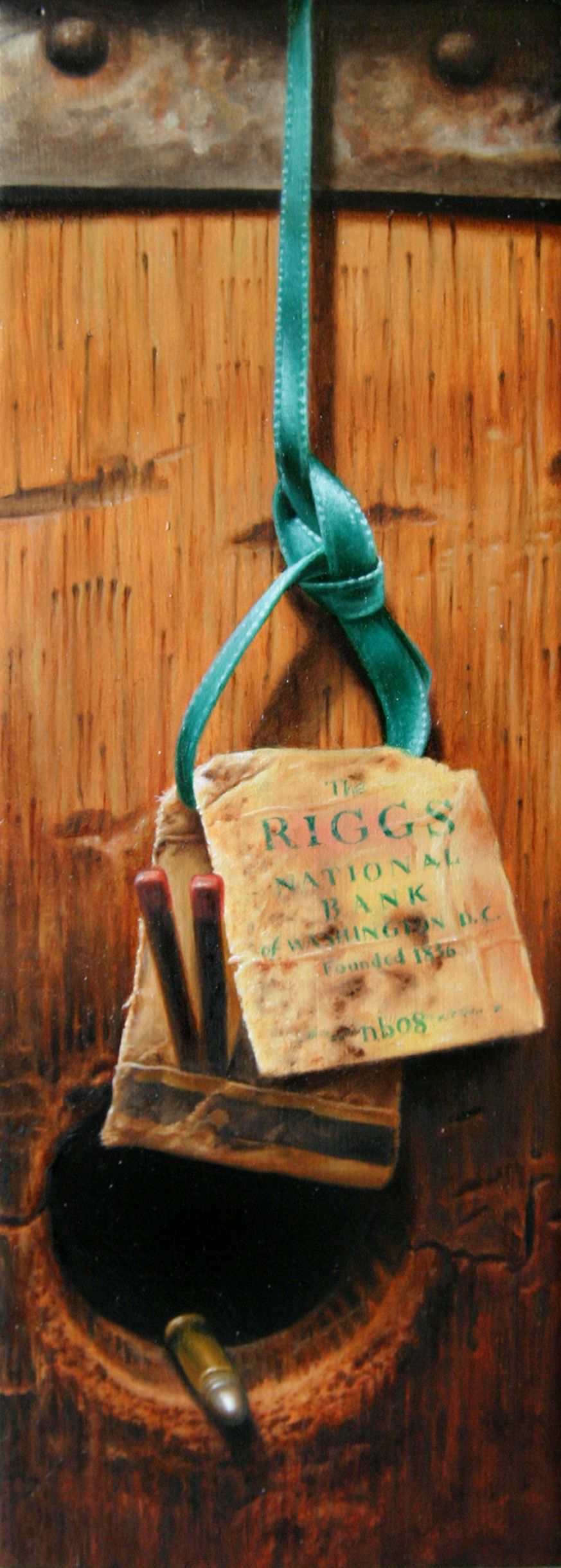 Vertical painting of a worn Riggs National Bank matchbook and brass cartridge hanging from a green ribbon against a wooden barrel with bunghole.