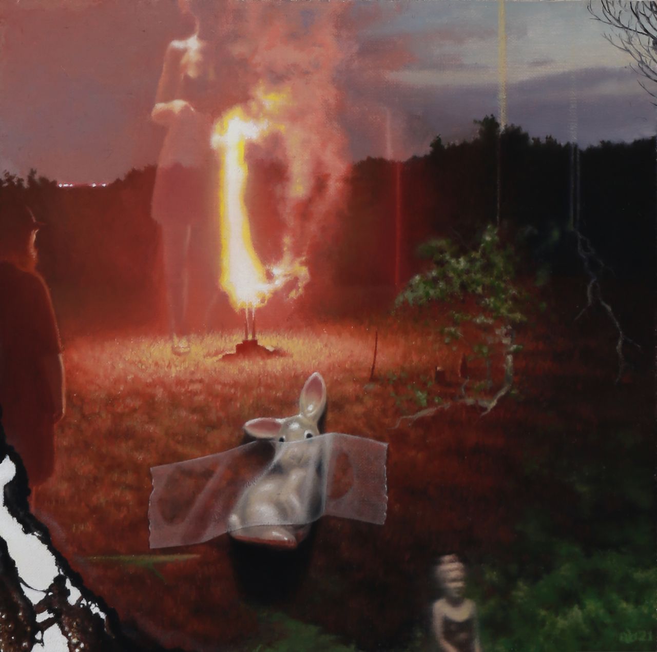 A rabbit figurine peers over translucent fabric before a red field, dark forest, silhouetted figure, and towering yellow-white flames.