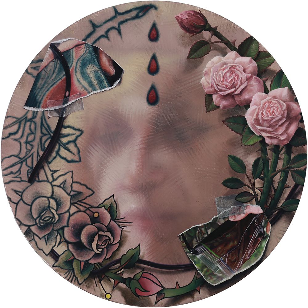 A circular pink-brown painting surrounds a blurred central face with roses, thorny stems, three red drops, and torn photographic fragments.