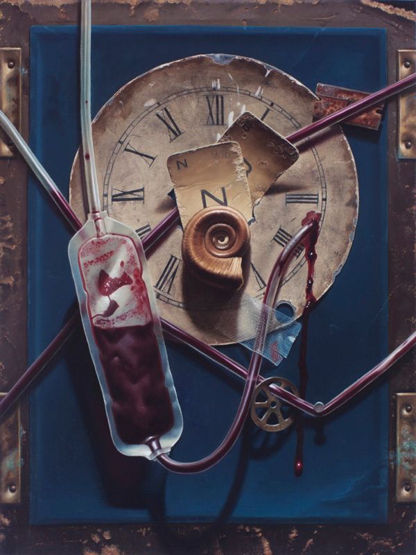 Oil painting of a worn Roman-numeral clock face layered with dark red medical tubing, a fluid bag, metal fragments, and a spiral shell.