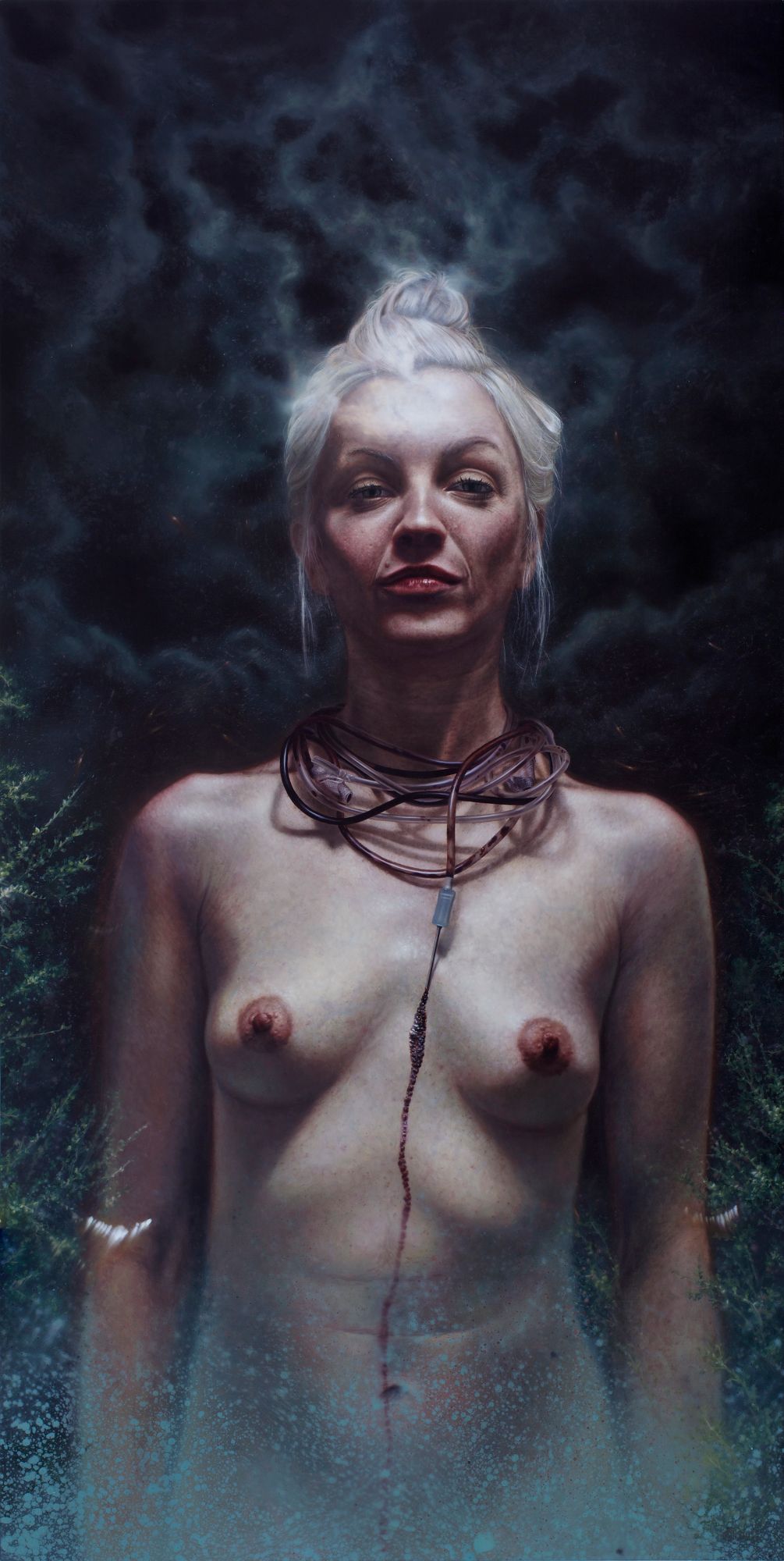 A frontal nude female figure with platinum hair wears coiled translucent medical tubing around the neck, against a dark, smoky blue-green background.