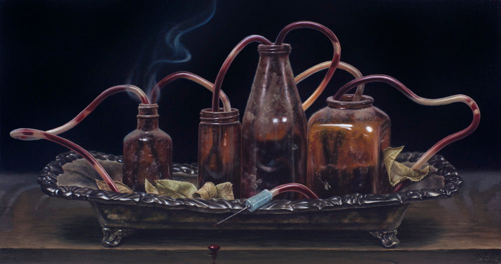Oil painting of four amber glass bottles linked by looping red blood collection tubes, arranged with dried leaves on a silver tray against darkness.