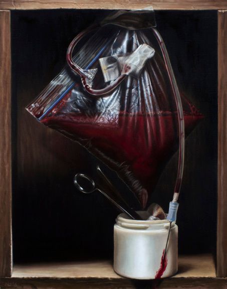 A dark still life depicts a suspended, blood-red translucent bag with tubing, scissors, and a stained white jar within a wooden frame.