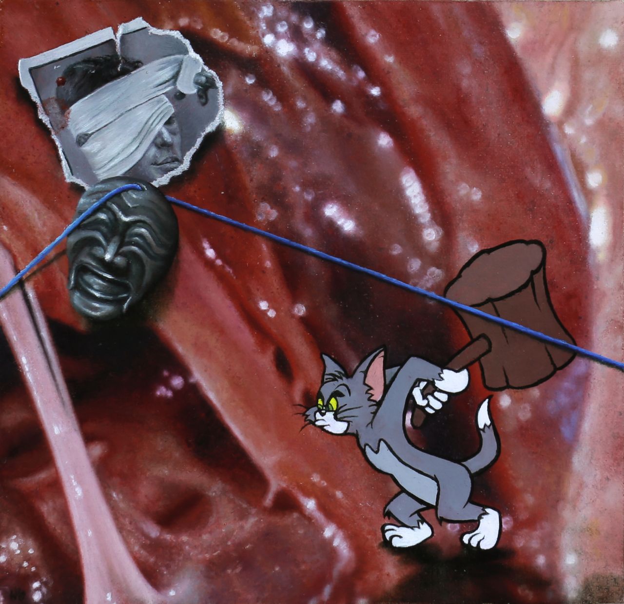 A gray cartoon cat brandishes a mallet beneath a diagonal blue cord, a dark theatrical mask, and torn imagery on glossy red fleshy folds.